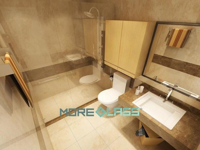 lắp đặt vách kính phòng tắm đứng 180 độ và gương soi khung gỗ hiện đại cho chung cư, biệt thự, nhà phố.