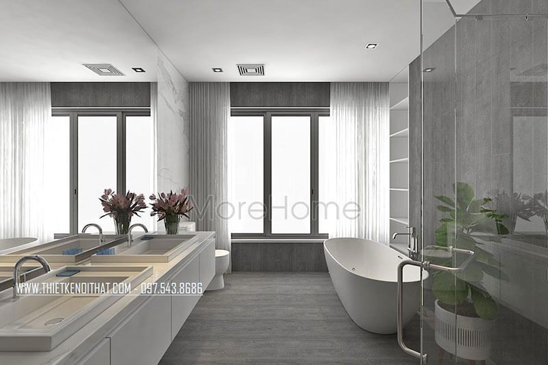 Nội thất phòng tắm hiện đại với tông màu trắng tạo cảm giác thoáng rộng, sạch sẽ hơn.