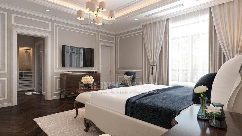 Thiết kế nội thất phòng ngủ vợ chồng tân cổ điển sử dụng gam màu trắng chủ đạo sẽ là lựa chọn ấn tượng cho gia chủ mệnh Kim.
