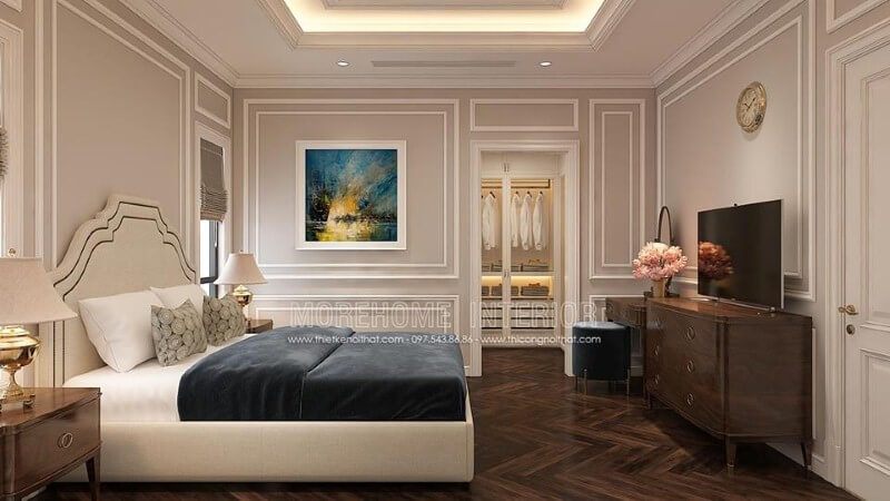Thiết kế nội thất phòng ngủ tân cổ điển có tủ quần áo khoa học, phong thủy.