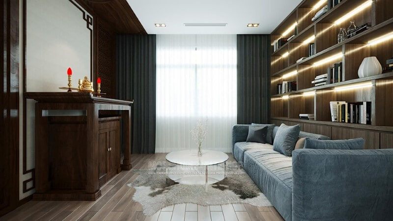Mẫu kệ trang trí kết hợp kệ sách dài áp trần hiện đại cho biệt thựchung cư